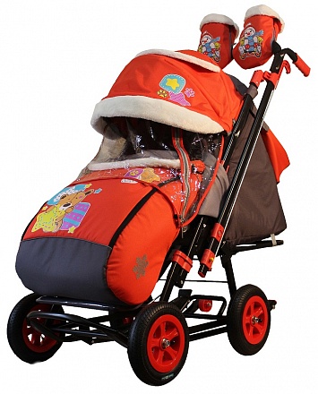 Санки-коляска Snow Galaxy City-1, дизайн - Мишка со звездой на красном, на больших колёсах Ева с сумкой и варежками  